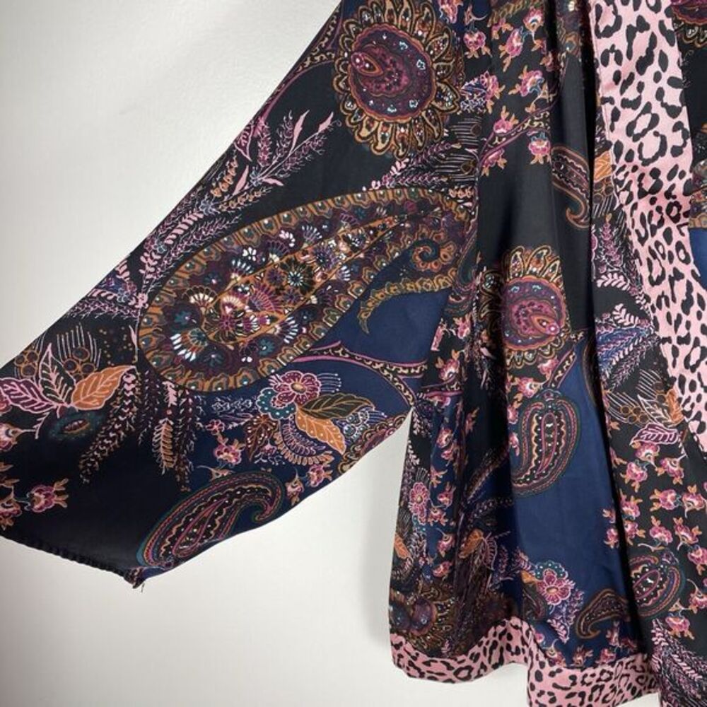 Dress Barn Womans 3X Kimono Top Floral Artsy Purple Lagenlook Satin Work Wear - Picture 2 of 5
